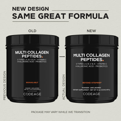 Codeage Multi Collagen Peptides + Probiotics Black Edition, Vitamin C, Hyaluronic Acid Powder Supplement, Grass-Fed, Pasture-Raised, Hydrolyzed, Zero Carbs, Type I, II, III, V & X, Unflavored, 21oz - dailyvitalstore