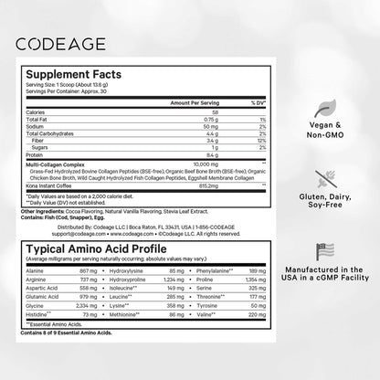 Codeage Multi Collagen Peptides Protein Powder - Chocolate Mocha Instant Coffee - Gourmet Knoa Coffee Drink & Shake - Collagen Type I, II, III, V & X - Grass-Fed, Hydrolyzed, Non-GMO - 14.39oz - dailyvitalstore