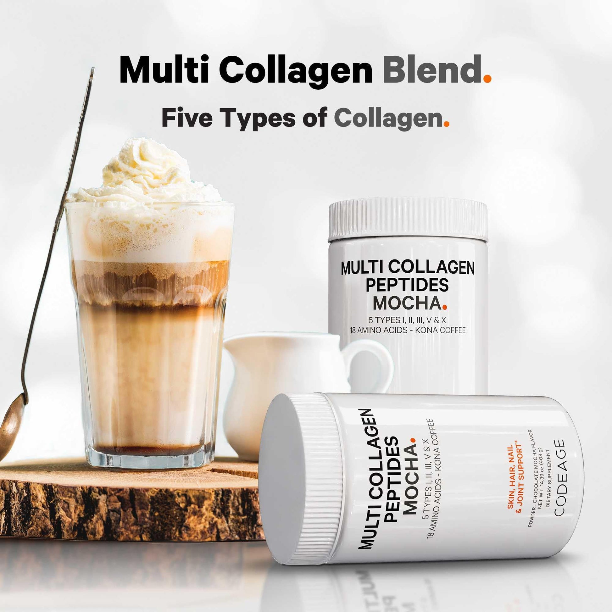 Codeage Multi Collagen Peptides Protein Powder - Chocolate Mocha Instant Coffee - Gourmet Knoa Coffee Drink & Shake - Collagen Type I, II, III, V & X - Grass-Fed, Hydrolyzed, Non-GMO - 14.39oz - dailyvitalstore