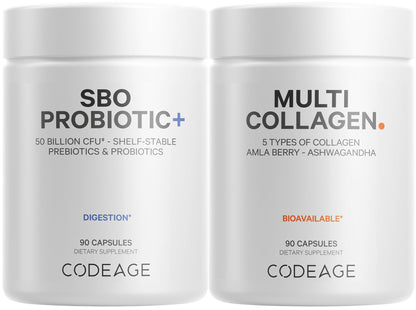 Codeage Multi Collagen Protein Capsules 5 Types, Ashwagandha Withania Somnifera & Organic Amla Berry + SBO Probiotic Blend 50 Billion CFU Bundle, Lactobacillus Plantarum, Bacillus Subtilis, Non-GMO - dailyvitalstore