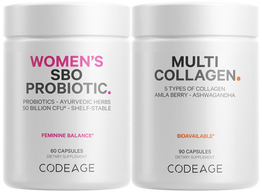 Codeage Multi Collagen Protein Capsules & Probiotics for Women Bundle | Multi Collagen Pills, Collagen Types I, II, II, V & X, 90 Count | Prebiotics & Probiotics for Women - Soy & Dairy Free, 60 Count - dailyvitalstore