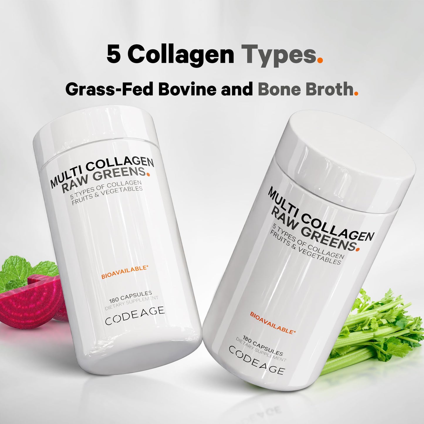 Codeage Multi Collagen Protein + Organic Raw Greens Superfood Capsules Supplement, 21 Fruits & Veggies, Grass-Fed Hydrolyzed Collagen Peptides, 5 Types All-in-One, 180 Count - dailyvitalstore