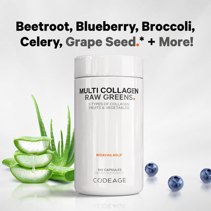 Codeage Multi Collagen Protein + Organic Raw Greens Superfood Capsules Supplement, 21 Fruits & Veggies, Grass-Fed Hydrolyzed Collagen Peptides, 5 Types All-in-One, 180 Count - dailyvitalstore