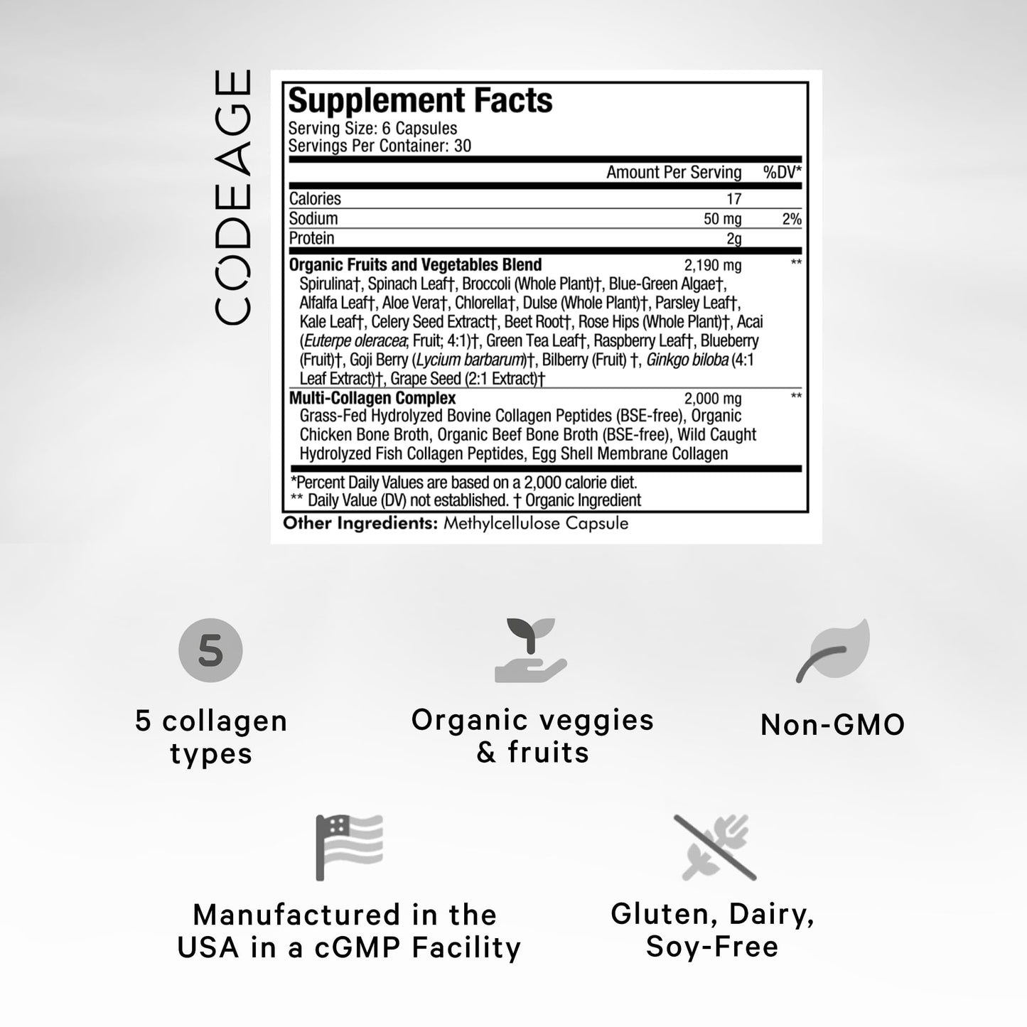 Codeage Multi Collagen Protein + Organic Raw Greens Superfood Capsules Supplement, 21 Fruits & Veggies, Grass-Fed Hydrolyzed Collagen Peptides, 5 Types All-in-One, 180 Count - dailyvitalstore