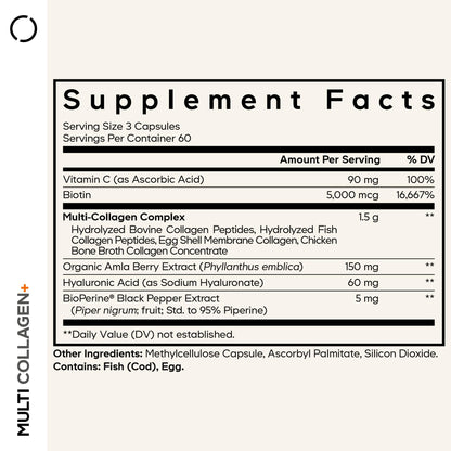 Codeage Multi Collagen+ Supplement with Vitamin C, Biotin 5000 mcg, Hyaluronic Acid, Amla Berry, BioPerine - 5 Types of Collagen Grass-Fed, Pasture-Raised - 2-Month Supply - Non-GMO - 180 Capsules - dailyvitalstore