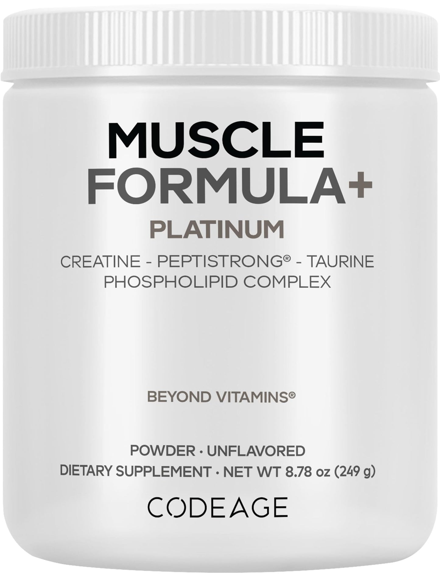 Codeage Muscle Formula+ Platinum Supplement - Creatine Monohydrate, PeptiStrong Fava Bean Protein Hydrolysate, Taurine, Vitamin D3, Liposomal Delivery - Non-GMO - Unflavored Protein Powder - 8.78 Oz - dailyvitalstore