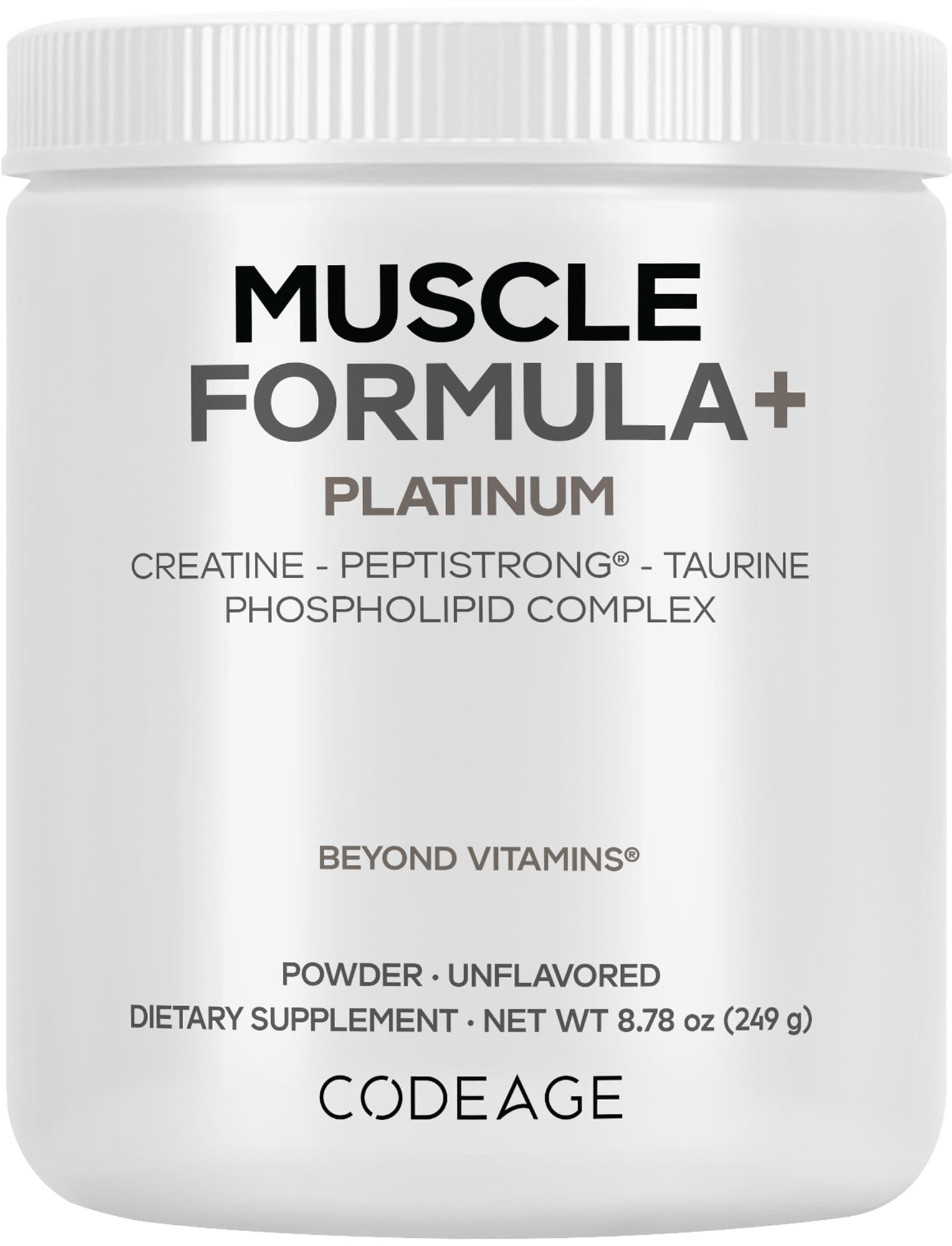 Codeage Muscle Formula+ Platinum Supplement - Creatine Monohydrate, PeptiStrong Fava Bean Protein Hydrolysate, Taurine, Vitamin D3, Liposomal Delivery - Non-GMO - Unflavored Protein Powder - 8.78 Oz - dailyvitalstore