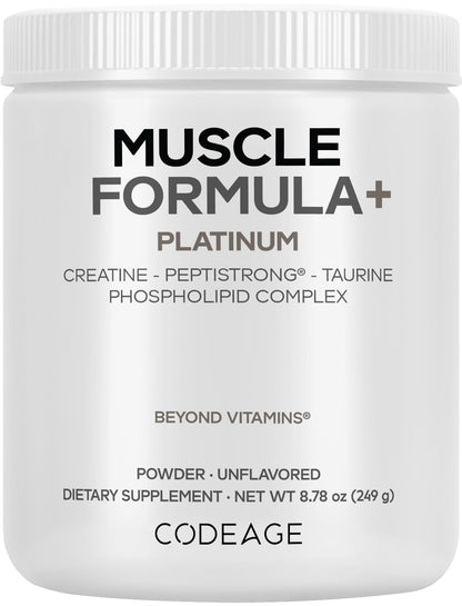 Codeage Muscle Formula+ Platinum Supplement - Creatine Monohydrate, PeptiStrong Fava Bean Protein Hydrolysate, Taurine, Vitamin D3, Liposomal Delivery - Non-GMO - Unflavored Protein Powder - 8.78 Oz - dailyvitalstore