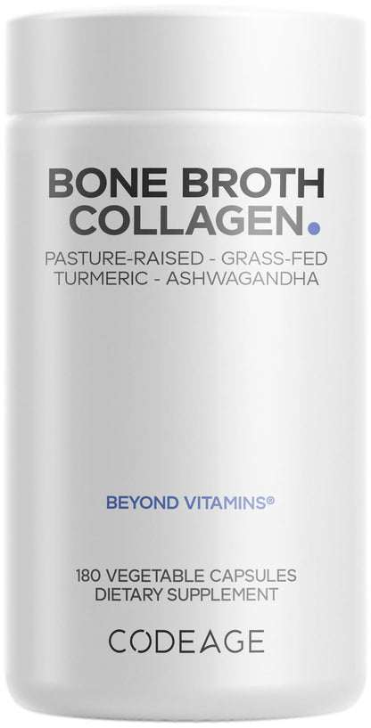 Codeage Organic Bone Broth Collagen Peptides Capsules Supplement, Bone Broth Grass Fed Beef, Free-Range Chicken, Turmeric & Ashwagandha - Collagen Types I, II, III - Non-GMO - 180 Capsules - dailyvitalstore