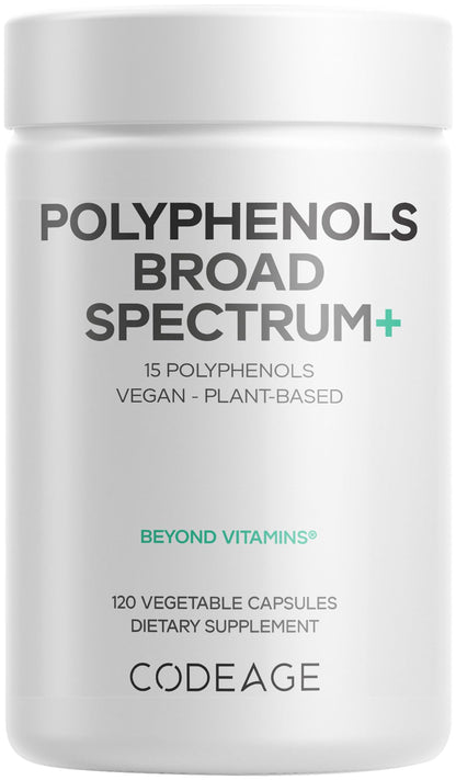 Codeage Polyphenols Broad Spectrum Supplement - Blend of 15 Berries, Fruits, and Botanical Extracts, Decaf Green Tea Leaf, Quercetin, Resveratrol, Pomegranate, Turmeric - Non-GMO - 120 Capsules - dailyvitalstore