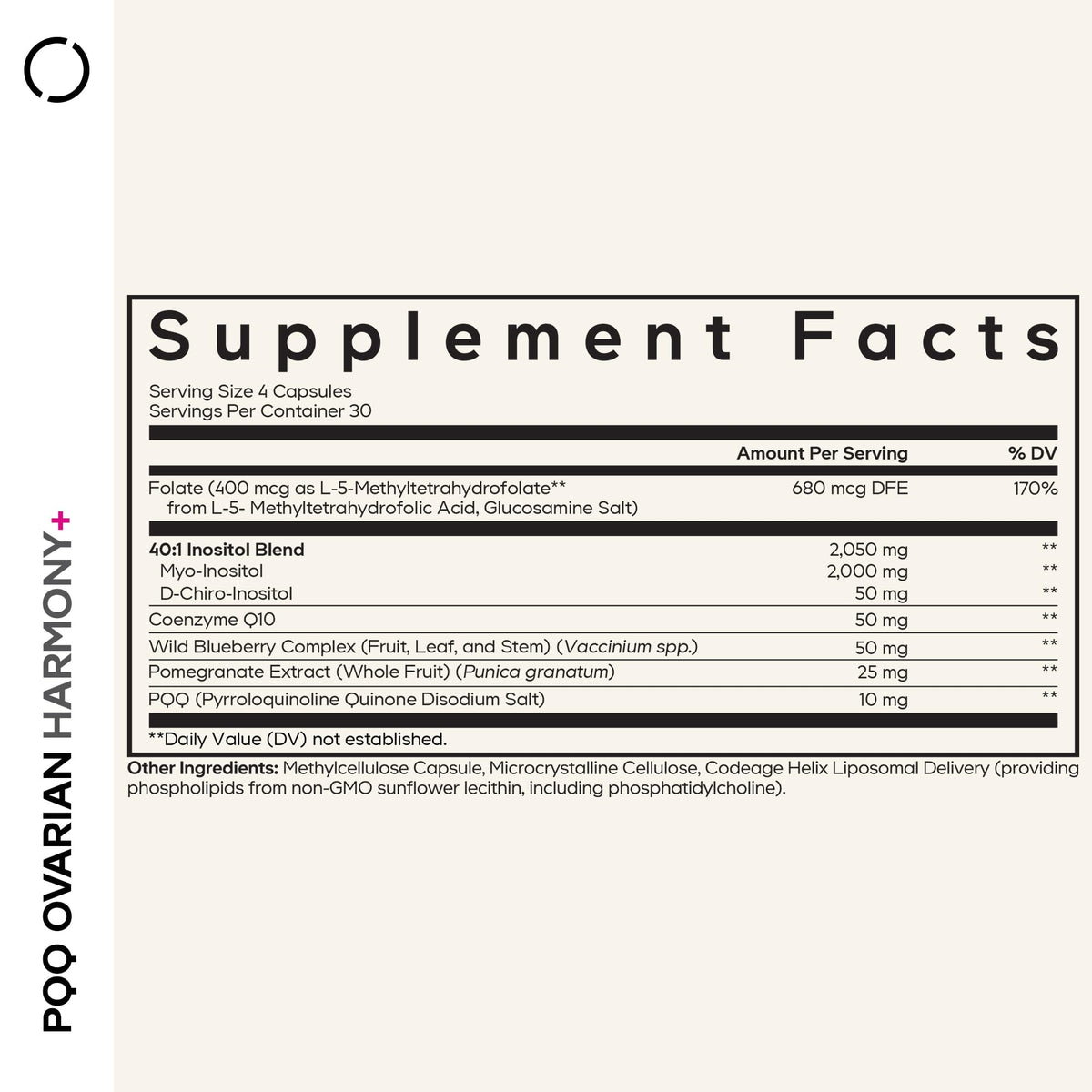 Codeage PQQ Ovarian Harmony+ Supplement - PQQ (Pyrroloquinoline Quinone), Myo-Inositol & D-Chiro-Inositol 40:1 Blend, Folate 5-MTHF, CoQ10, Wild Blueberry - Liposomal Delivery - Non-GMO - 120 Capsules - dailyvitalstore