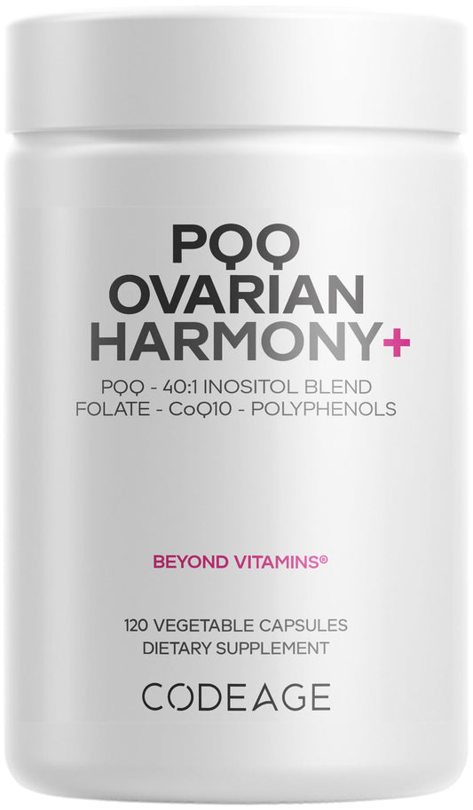 Codeage PQQ Ovarian Harmony+ Supplement - PQQ (Pyrroloquinoline Quinone), Myo-Inositol & D-Chiro-Inositol 40:1 Blend, Folate 5-MTHF, CoQ10, Wild Blueberry - Liposomal Delivery - Non-GMO - 120 Capsules - dailyvitalstore