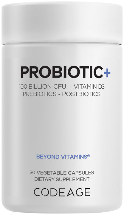 Codeage Probiotic+ 100 Billion CFU Supplement - 12-Strain Probiotic Blend, Organic Prebiotic Fiber, Postbiotics, Vitamin D3, Zinc Bisglycinate, Quercetin - for Men & Women - Non-GMO- 30 Capsules - dailyvitalstore