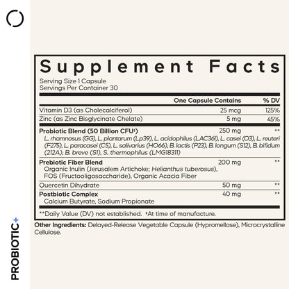 Codeage Probiotic+ 50 Billion CFU** Supplement - 12-Strain Probiotic Blend, Organic Prebiotic Fiber, Postbiotics, Vitamin D3, Zinc Bisglycinate, Quercetin - for Men & Women - Non-GMO - 30 Capsules - dailyvitalstore