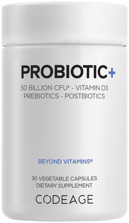 Codeage Probiotic+ 50 Billion CFU** Supplement - 12-Strain Probiotic Blend, Organic Prebiotic Fiber, Postbiotics, Vitamin D3, Zinc Bisglycinate, Quercetin - for Men & Women - Non-GMO - 30 Capsules - dailyvitalstore