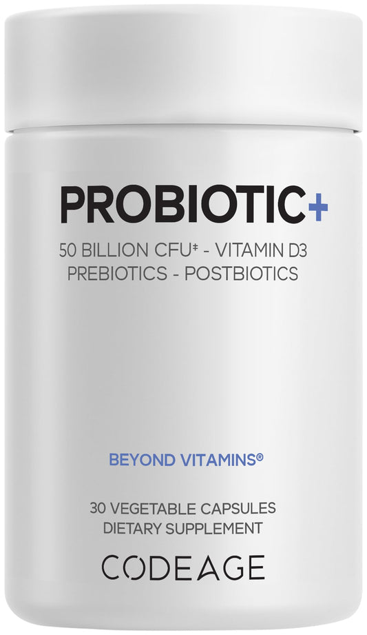 Codeage Probiotic+ 50 Billion CFU** Supplement - 12-Strain Probiotic Blend, Organic Prebiotic Fiber, Postbiotics, Vitamin D3, Zinc Bisglycinate, Quercetin - for Men & Women - Non-GMO - 30 Capsules - dailyvitalstore