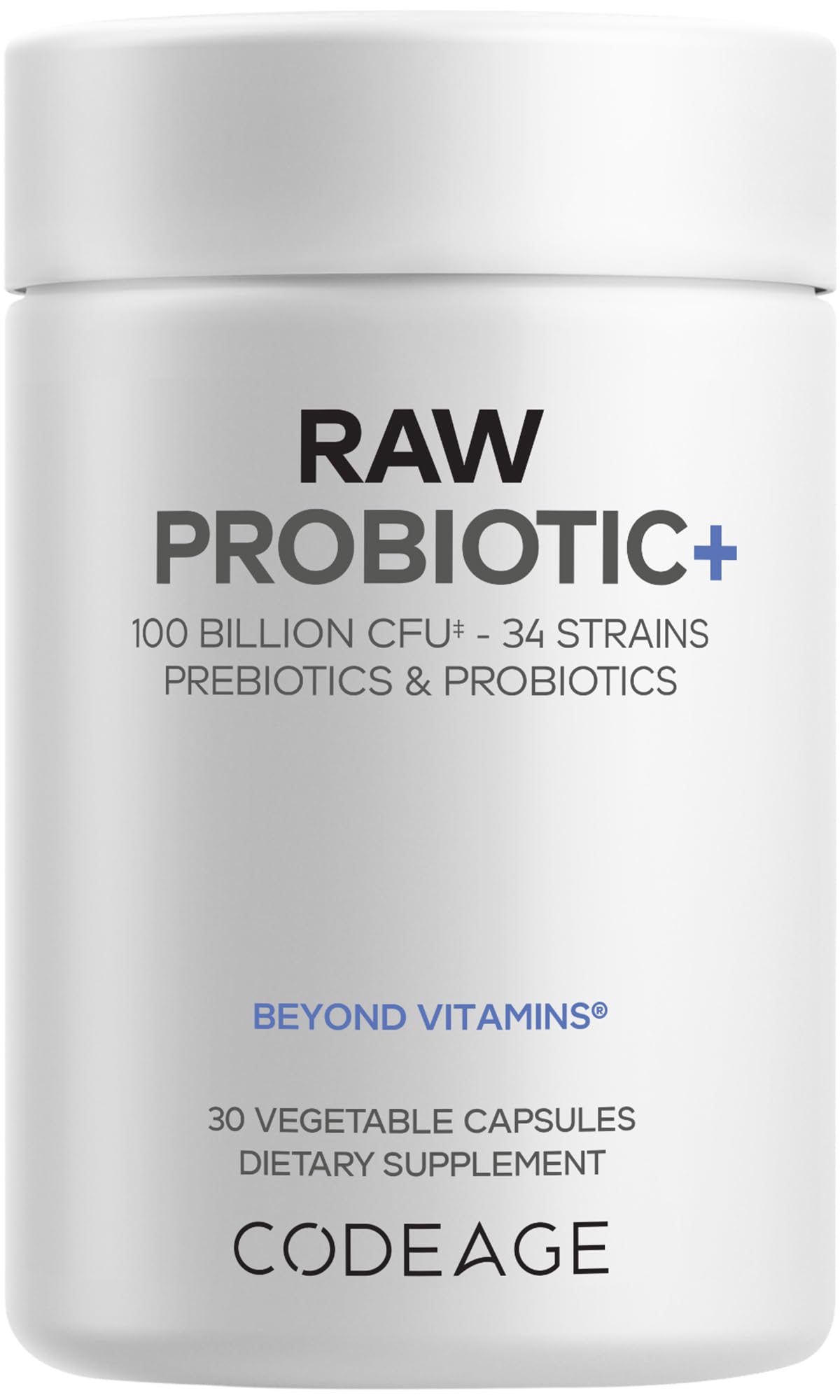 Codeage Raw Probiotic+ Supplement - 34 Probiotic Strains, 100 Billion CFUs, Raw Whole Food Probiotics, Digestive Enzymes, Raw Fruits & Veggies Prebiotics - Wild Kefir Culture - Non-GMO - 30 Capsules - dailyvitalstore
