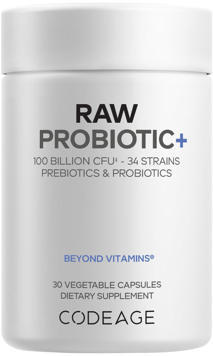 Codeage Raw Probiotic+ Supplement - 34 Probiotic Strains, 100 Billion CFUs, Raw Whole Food Probiotics, Digestive Enzymes, Raw Fruits & Veggies Prebiotics - Wild Kefir Culture - Non-GMO - 30 Capsules - dailyvitalstore