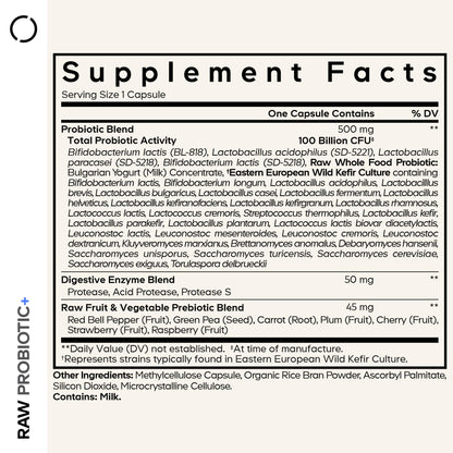 Codeage Raw Probiotic+ Supplement - 34 Probiotic Strains, 100 Billion CFUs, Raw Whole Food Probiotics, Digestive Enzymes, Raw Fruits & Veggies Prebiotics - Wild Kefir Culture - Non-GMO - 30 Capsules - dailyvitalstore