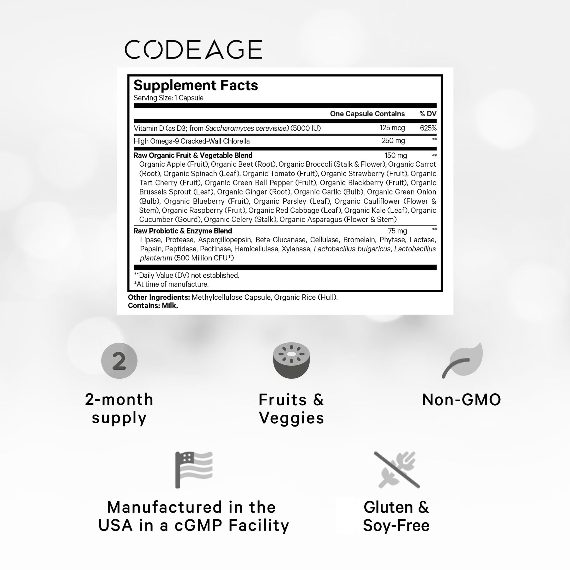 Codeage Raw Vitamin D3+ High Potency 5000 IU Supplement from Saccharomyces Cerevisiae - Raw Vitamin, Probiotics, Digestive Enzymes, Fruits & Greens - 2-Month Supply - 60 Capsules - dailyvitalstore