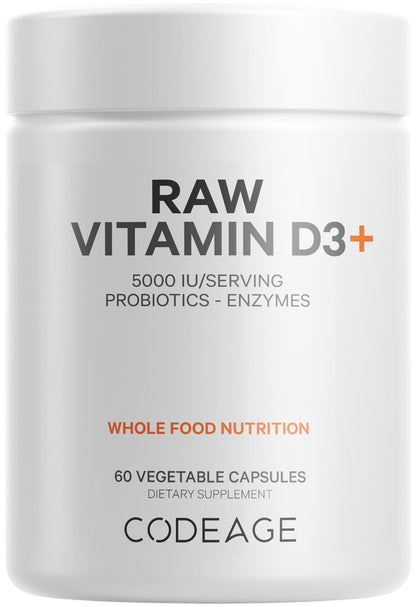 Codeage Raw Vitamin D3+ High Potency 5000 IU Supplement from Saccharomyces Cerevisiae - Raw Vitamin, Probiotics, Digestive Enzymes, Fruits & Greens - 2-Month Supply - 60 Capsules - dailyvitalstore