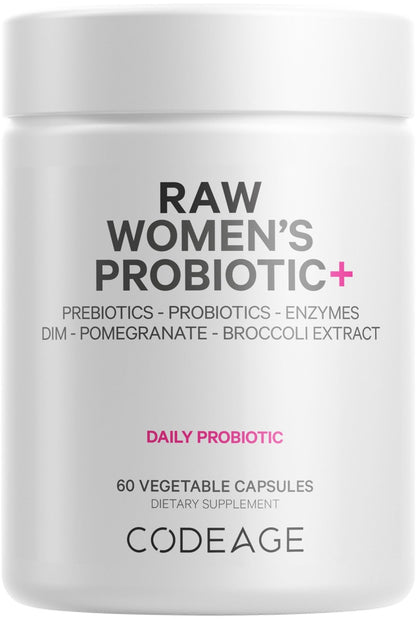 Codeage Raw Women’s Probiotic+ Supplement - 34 Probiotic Strains, 100 Billion CFUs, Digestive Enzymes, Prebiotic Blend, DIM, Herbal Extracts, Phytonutrients - Non-GMO - 30 Capsules - dailyvitalstore