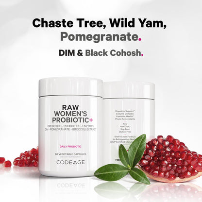 Codeage Raw Women’s Probiotic+ Supplement - 34 Probiotic Strains, 100 Billion CFUs, Digestive Enzymes, Prebiotic Blend, DIM, Herbal Extracts, Phytonutrients - Non-GMO - 30 Capsules - dailyvitalstore