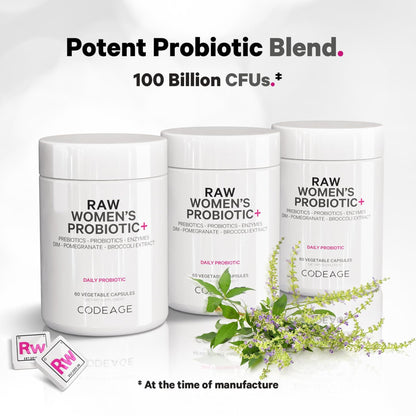 Codeage Raw Women’s Probiotic+ Supplement - 34 Probiotic Strains, 100 Billion CFUs, Digestive Enzymes, Prebiotic Blend, DIM, Herbal Extracts, Phytonutrients - Non-GMO - 30 Capsules - dailyvitalstore
