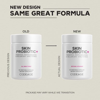 Codeage Skin Probiotics + Prebiotics - Skin Care Routine Supplement - 50 Billion CFU - Ayurvedic Botanical Herbs - Face Probiotics - Shelf Stable Cleanser, Non-GMO, Vegan - 60 Capsules - dailyvitalstore