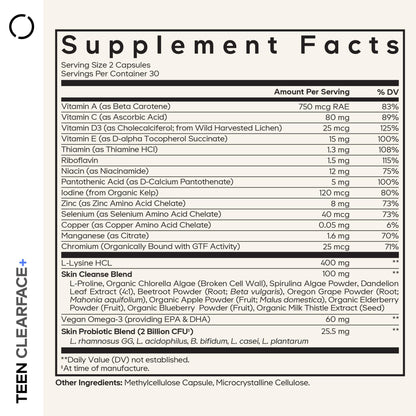 Codeage Teen Clearface Adolescent Face, Skin & Pimples, Vitamins A, C, D3, E, Pantothenic Acid, Niacin, Zinc Supplement Teenagers, Probiotics, L-Lysine, Omega-3, Oily Skin, Pores, Spots - 60 Capsules - dailyvitalstore