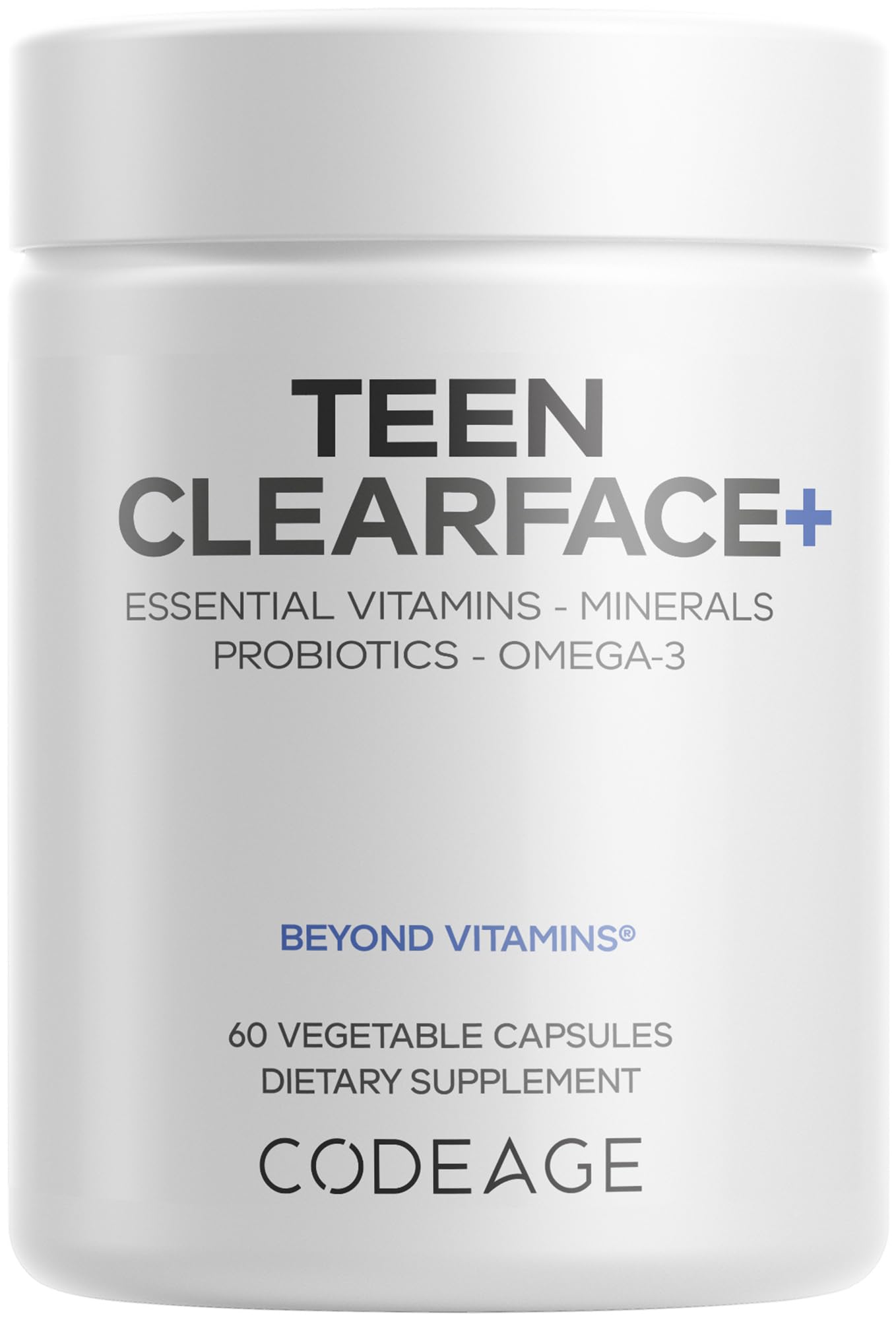 Codeage Teen Clearface Adolescent Face, Skin & Pimples, Vitamins A, C, D3, E, Pantothenic Acid, Niacin, Zinc Supplement Teenagers, Probiotics, L-Lysine, Omega-3, Oily Skin, Pores, Spots - 60 Capsules - dailyvitalstore