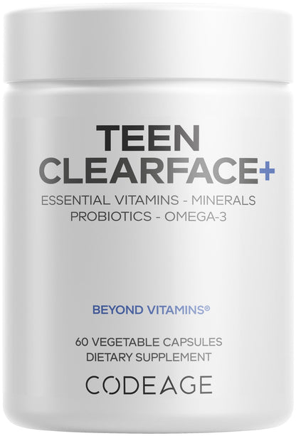 Codeage Teen Clearface Adolescent Face, Skin & Pimples, Vitamins A, C, D3, E, Pantothenic Acid, Niacin, Zinc Supplement Teenagers, Probiotics, L-Lysine, Omega-3, Oily Skin, Pores, Spots - 60 Capsules - dailyvitalstore