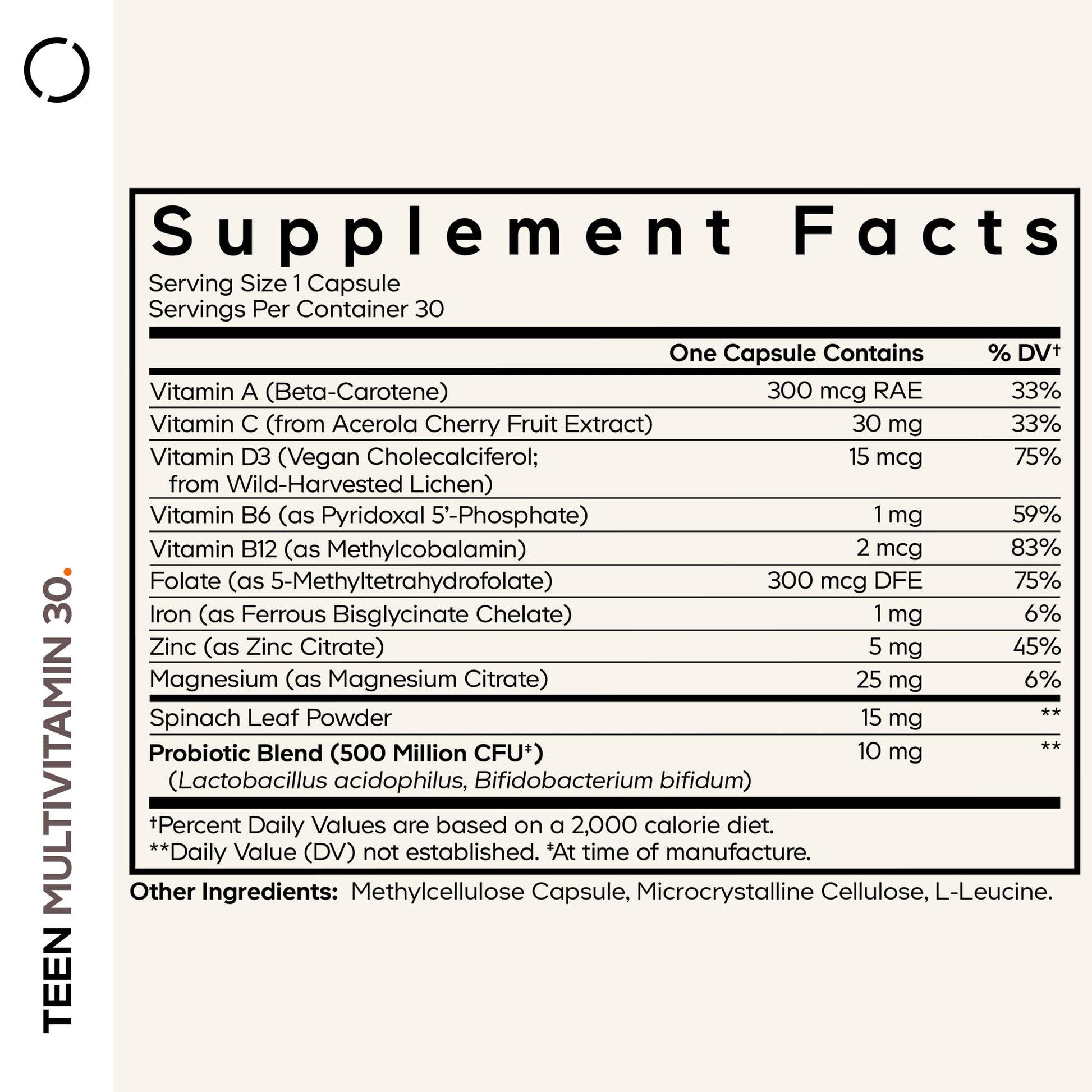 Codeage Teen Multivitamin - Vitamins A, C, D3, B6, B12, Folate, Zinc, Magnesium, Iron, Probiotics, Fermented Spinach - Multivitamins for Teenage Boys and Girls - Non-GMO, Gluten-Free - 30 Capsules - dailyvitalstore