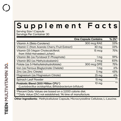 Codeage Teen Multivitamin - Vitamins A, C, D3, B6, B12, Folate, Zinc, Magnesium, Iron, Probiotics, Fermented Spinach - Multivitamins for Teenage Boys and Girls - Non-GMO, Gluten-Free - 30 Capsules - dailyvitalstore