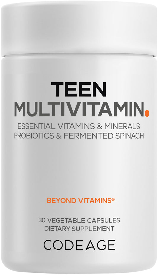 Codeage Teen Multivitamin - Vitamins A, C, D3, B6, B12, Folate, Zinc, Magnesium, Iron, Probiotics, Fermented Spinach - Multivitamins for Teenage Boys and Girls - Non-GMO, Gluten-Free - 30 Capsules - dailyvitalstore
