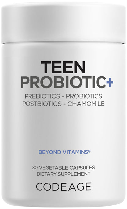 Codeage Teen Probiotic+ Supplement - 25 Billion CFU Probiotic Blend with Prebiotics, Postbiotics & Chamomile - Gut & Digestion Support for Teens and Teenagers 12 & Up - Non-GMO- 30 Capsules - dailyvitalstore