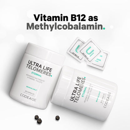 Codeage Ultra Life Telomeres Supplement - 5 MTHF Folate Vitamin B9, Vitamin B12 Methylcobalamin, Vitamin D3, L-Theanine, Ashwagandha - 3-Month Supply - DNA, Methylation Cycle - Non-GMO - 90 Capsules - dailyvitalstore