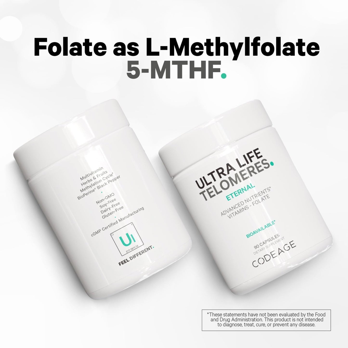 Codeage Ultra Life Telomeres Supplement - 5 MTHF Folate Vitamin B9, Vitamin B12 Methylcobalamin, Vitamin D3, L-Theanine, Ashwagandha - 3-Month Supply - DNA, Methylation Cycle - Non-GMO - 90 Capsules - dailyvitalstore