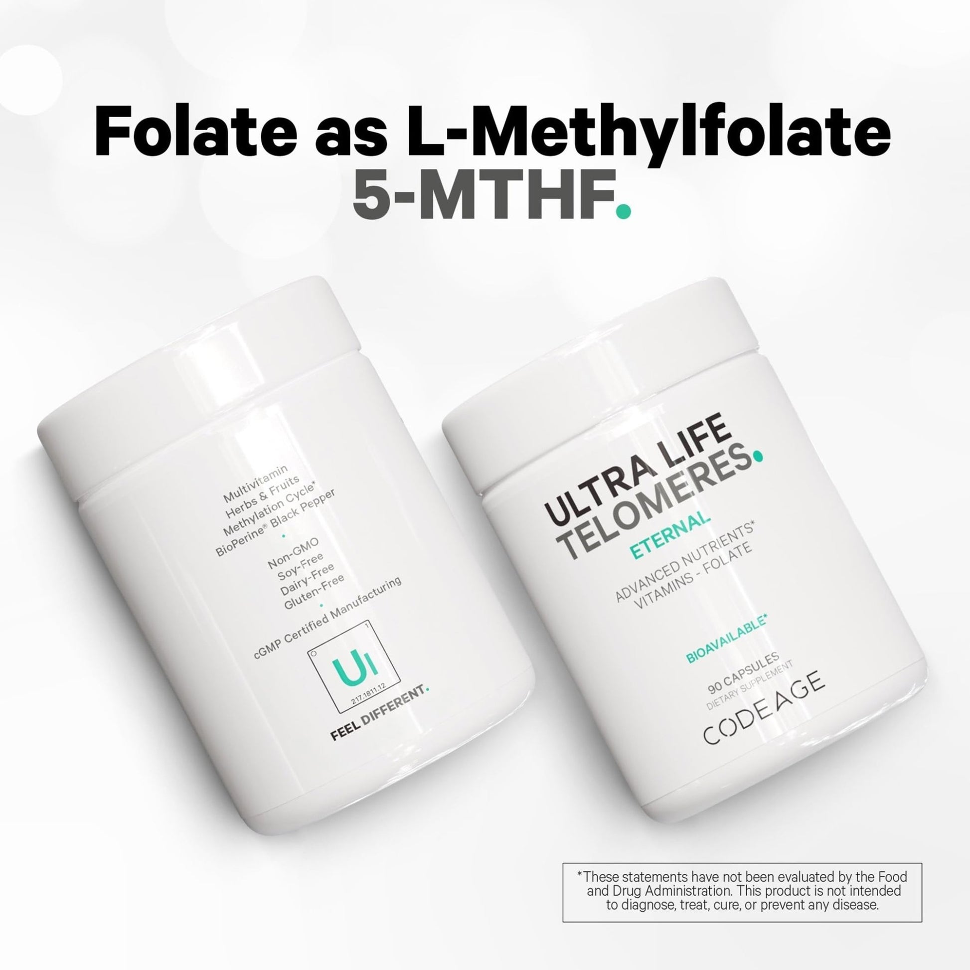 Codeage Ultra Life Telomeres Supplement - 5 MTHF Folate Vitamin B9, Vitamin B12 Methylcobalamin, Vitamin D3, L-Theanine, Ashwagandha - 3-Month Supply - DNA, Methylation Cycle - Non-GMO - 90 Capsules - dailyvitalstore