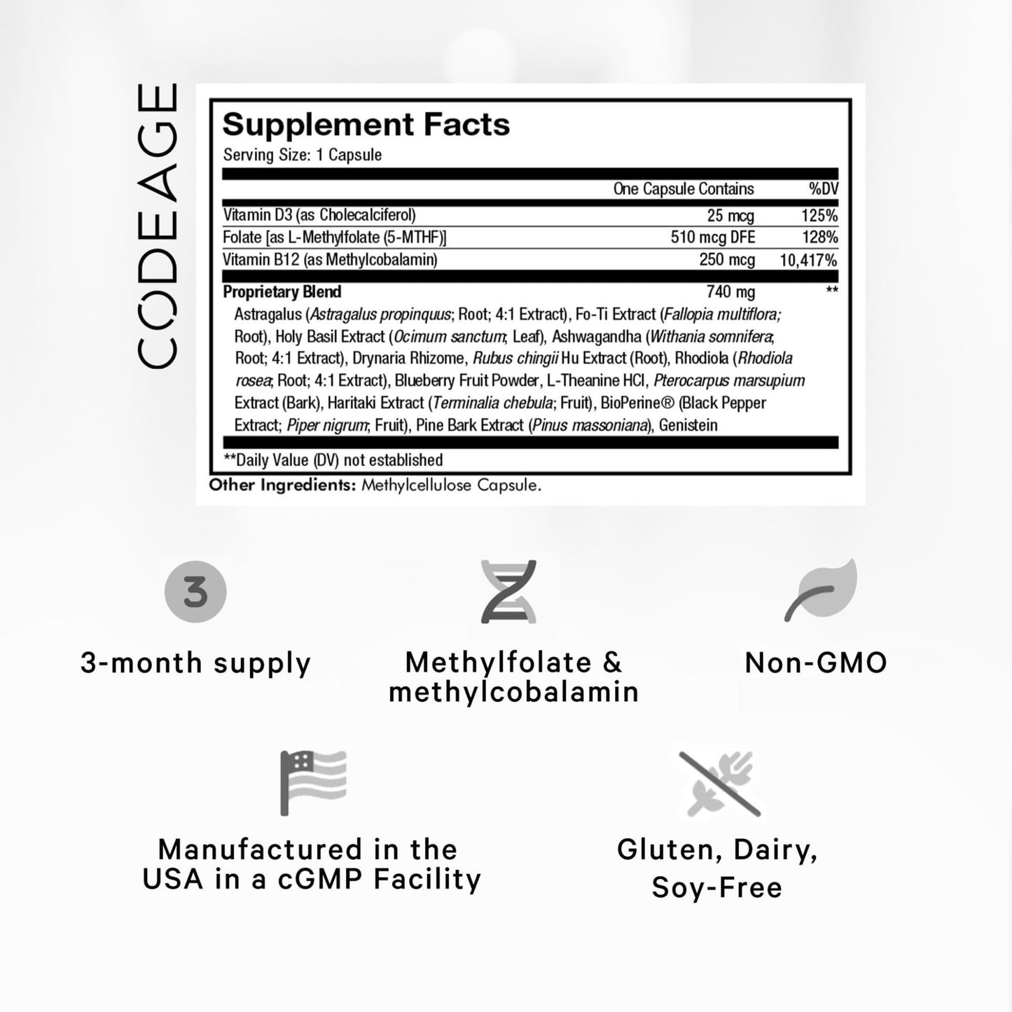 Codeage Ultra Life Telomeres Supplement - 5 MTHF Folate Vitamin B9, Vitamin B12 Methylcobalamin, Vitamin D3, L-Theanine, Ashwagandha - 3-Month Supply - DNA, Methylation Cycle - Non-GMO - 90 Capsules - dailyvitalstore