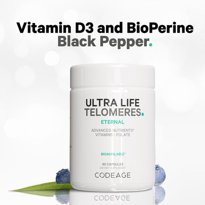 Codeage Ultra Life Telomeres Supplement - 5 MTHF Folate Vitamin B9, Vitamin B12 Methylcobalamin, Vitamin D3, L-Theanine, Ashwagandha - 3-Month Supply - DNA, Methylation Cycle - Non-GMO - 90 Capsules - dailyvitalstore