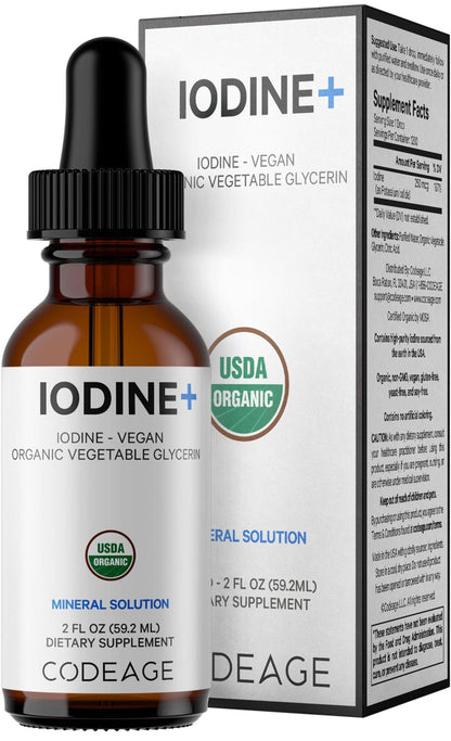 Codeage USDA Certified Organic Iodine Drops - 250 Mcg Per Serving - 1+ Year Supply - Liquid Iodide Supplement - Pure, Clear Iodine - Vegan Potassium Iodine Liquid Drop - 2 fl oz - dailyvitalstore