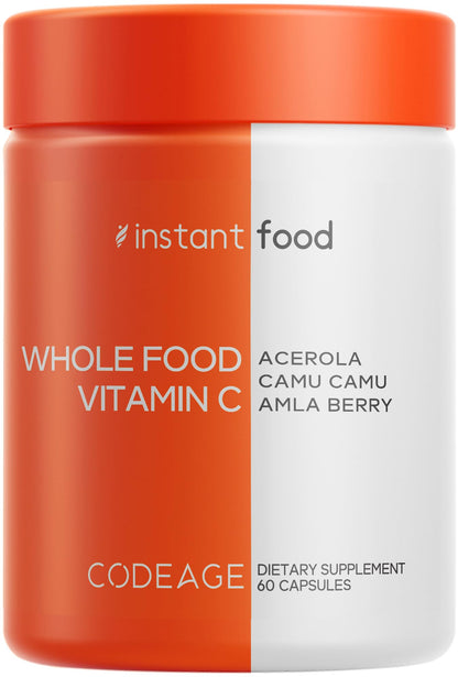 Codeage Whole Food Vitamin C Supplement - Acerola Cherry, Camu Camu, Amla Berry & Rose HIPS Blend - Citrus Bioflavonoids - Instantfood Energy Vitamins - 500mg Vitamin C Pills - Non-GMO - 60 Capsules - dailyvitalstore