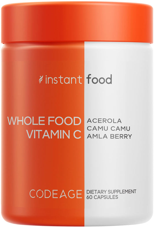 Codeage Whole Food Vitamin C Supplement - Acerola Cherry, Camu Camu, Amla Berry & Rose HIPS Blend - Citrus Bioflavonoids - Instantfood Energy Vitamins - 500mg Vitamin C Pills - Non-GMO - 60 Capsules - dailyvitalstore