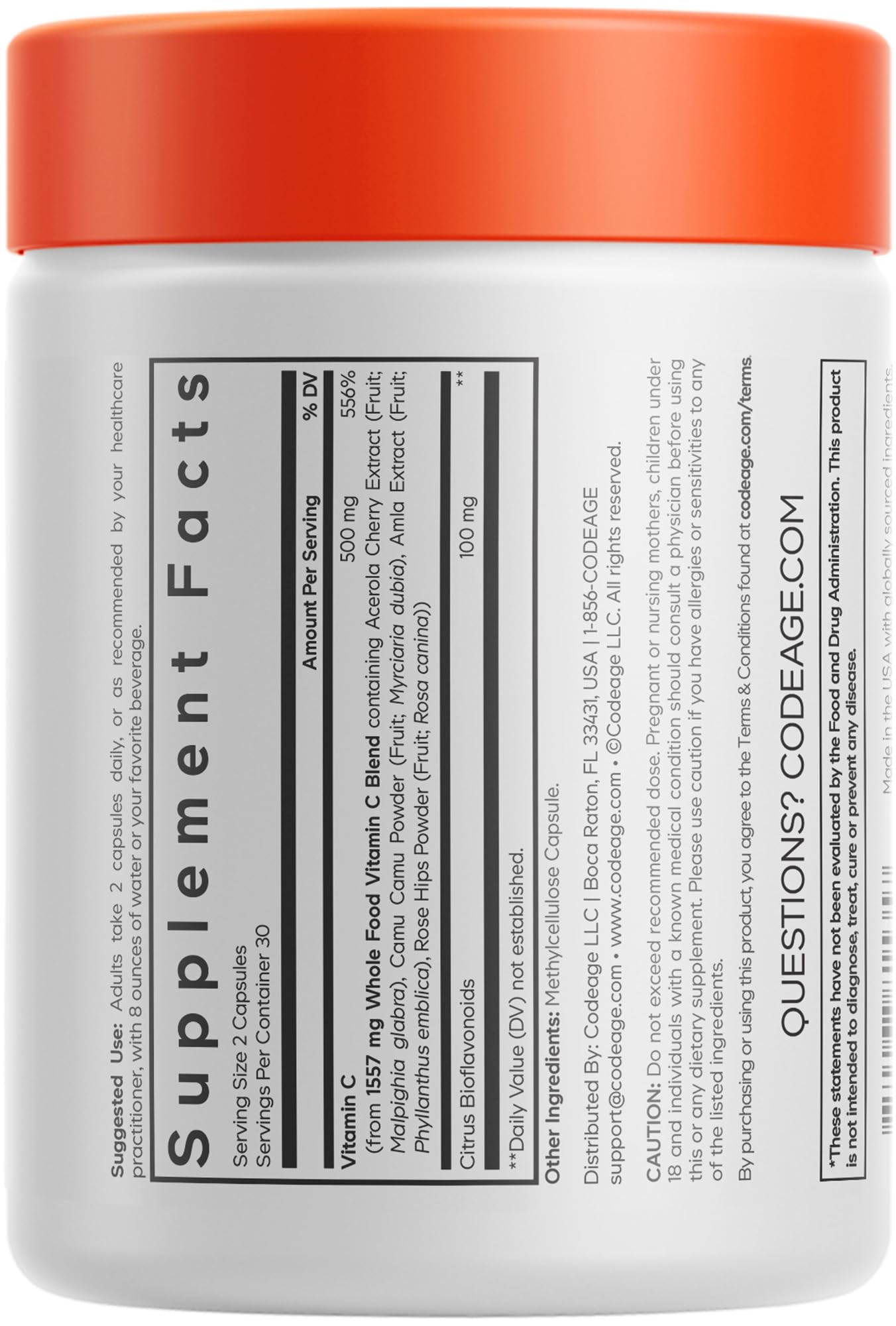 Codeage Whole Food Vitamin C Supplement - Acerola Cherry, Camu Camu, Amla Berry & Rose HIPS Blend - Citrus Bioflavonoids - Instantfood Energy Vitamins - 500mg Vitamin C Pills - Non-GMO - 60 Capsules - dailyvitalstore