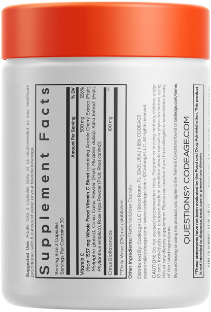 Codeage Whole Food Vitamin C Supplement - Acerola Cherry, Camu Camu, Amla Berry & Rose HIPS Blend - Citrus Bioflavonoids - Instantfood Energy Vitamins - 500mg Vitamin C Pills - Non-GMO - 60 Capsules - dailyvitalstore