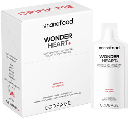 Codeage Wonder Heart Liquid CoQ10 Liposomal Ubiquinone Supplement, Coenzyme Q10 Heart Vitamins, Non-GMO Sunflower Phosphatidylcholine Vegan Blend, Raspberry Flavored Softgel, Pack of 30 Pouches - dailyvitalstore