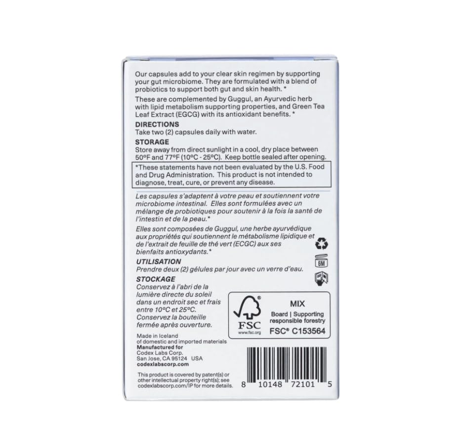 Codex Labs Shaant Clear Skin Supplement – 60 Vegan Capsules | Acne Probiotics with 9-Strain Blend, Green Tea EGCG & Guggul – Daily Support for Acne-Prone Skin & Clear Complexion - dailyvitalstore