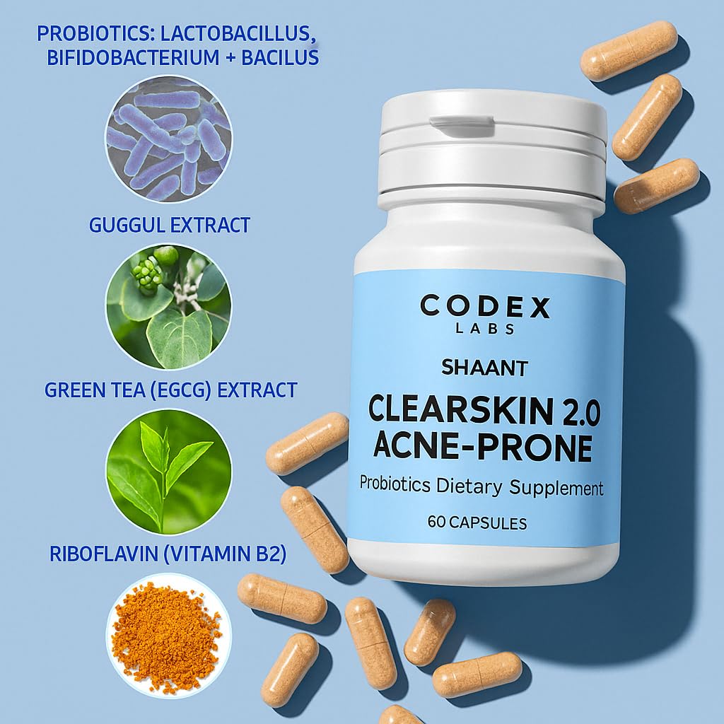Codex Labs Shaant Clear Skin Supplement – 60 Vegan Capsules | Acne Probiotics with 9-Strain Blend, Green Tea EGCG & Guggul – Daily Support for Acne-Prone Skin & Clear Complexion - dailyvitalstore