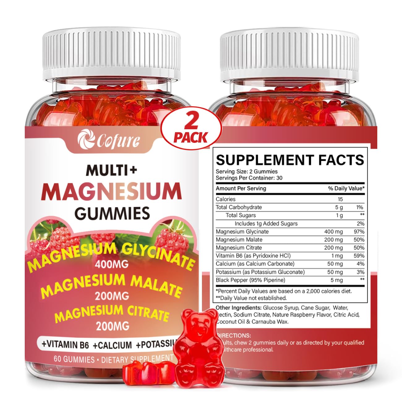 Cofure Triple Magnesium Complex 900 mg, Magnesium Glycinate, Citrate, Malate with Potassium, Calcium, Vitamin B6 for Calm & Sleep - Vegan, Non-GMO, Gluten Free - 120 Raspberry Gummies for Adults - dailyvitalstore